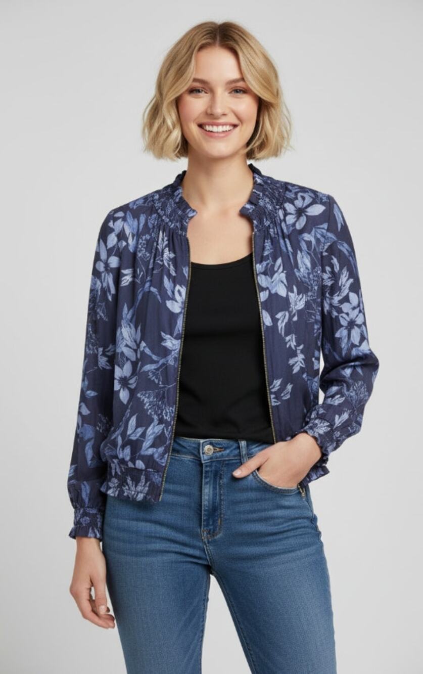 Chico's Reversible Floral Print Blue Pink Silky Bomber Jacket Measures Sz Large